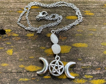 Collier triple lune en cristal - collier triple lune en argent - collier triple lune - collier sorcière - collier wicca