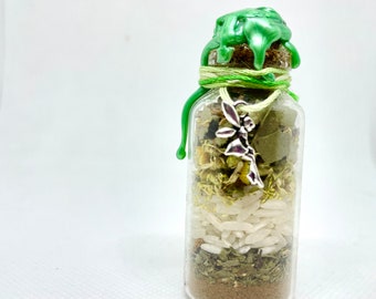 May include: A small glass bottle with a green wax seal on the top. The bottle is filled with dried herbs, rice, and a silver charm in the shape of a dragonfly.