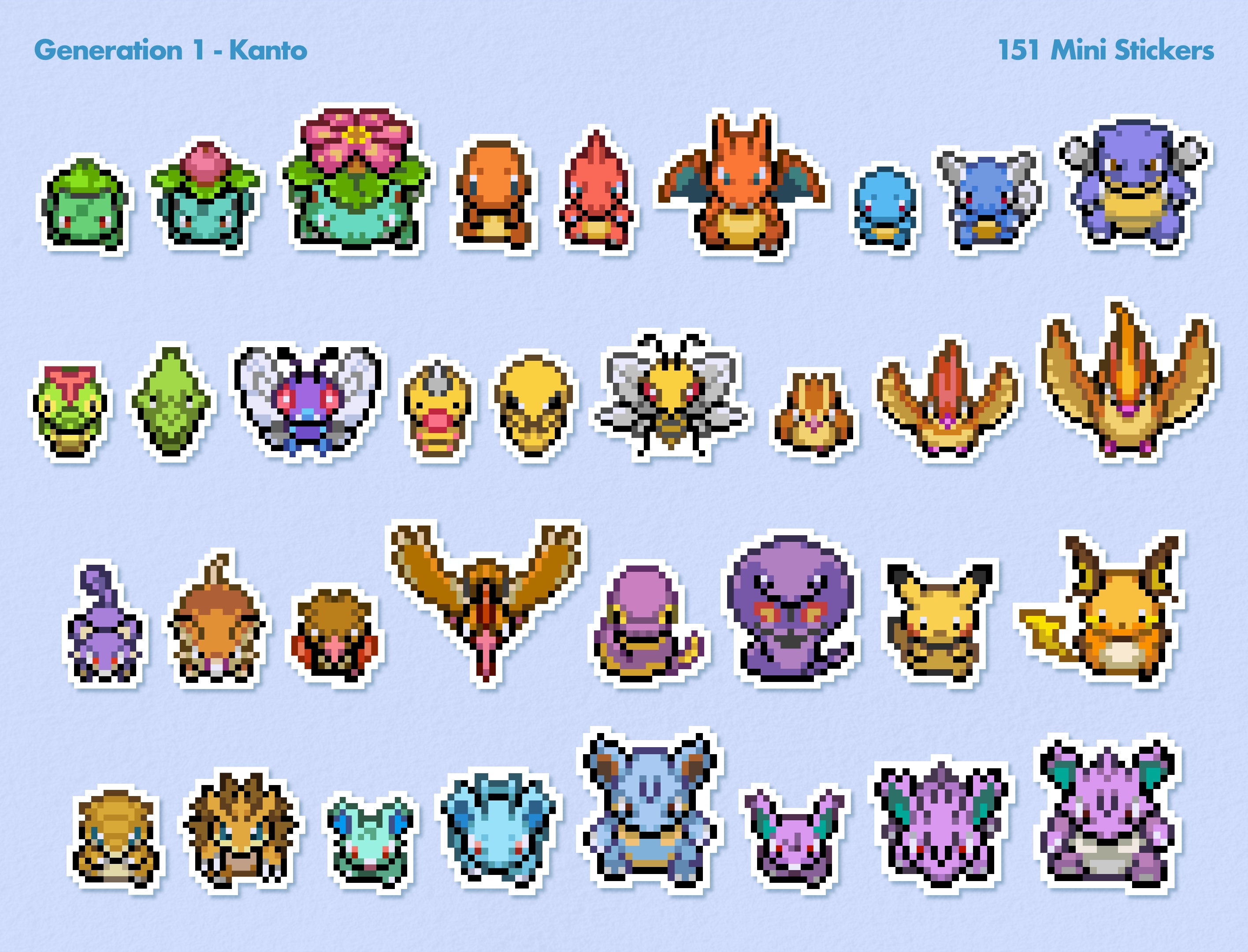 Generation 1 Kanto Mini Stickers Set of 151 Pixel Sprite Glossy