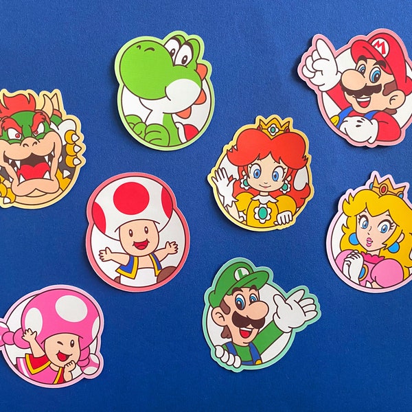 Super Mario Sticker Pack - Set of 8 - Mario, Luigi, Bowser, Yoshi, Toad, Toadette, Princess Peach, Daisy