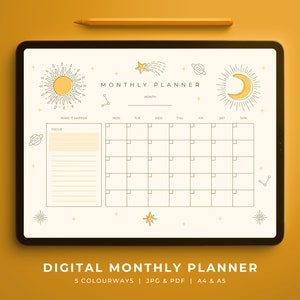 Digitaler Monatsplaner Template / Goodnotes and Notability Template / Sonne & Mond Design / 5 Farben