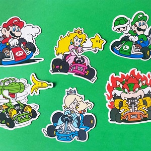 Op Mario Kart geïnspireerd stickerpakket / set van 6 / glanzend waterdicht / Mario, Luigi, Bowser, Yoshi, Princess Peach, Rosalina