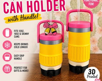 Skinny, 12oz or 16oz Can Holder with Handle – 3D Printed – Cute Teacher Tumbler Style  Energy drink Holder