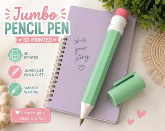 3D Printed Jumbo Pencil Pen | Oversized Novelty Ballpoint for Desk, School, Office