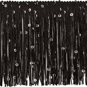 May include: Black fringe trim with silver sequins. The trim features a woven top edge and long, dangling strands. The sequins are evenly spaced along the strands, adding a touch of sparkle. This trim is suitable for various craft and sewing projects.