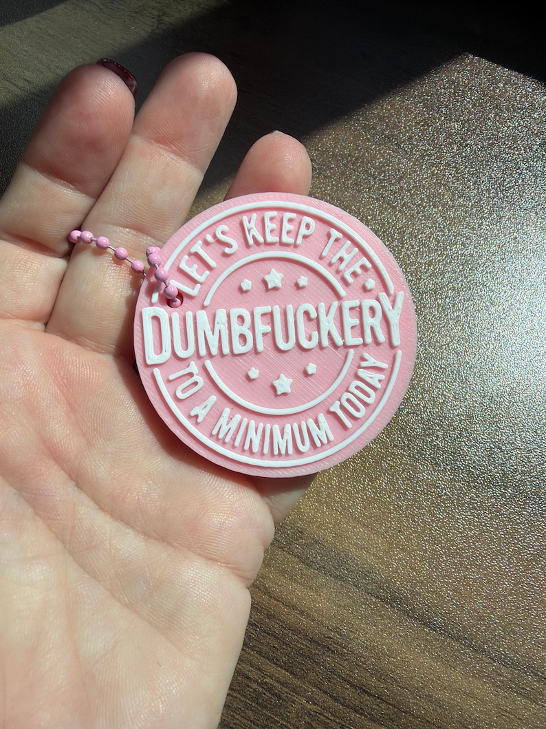 May include: A circular pink keychain with raised white lettering that reads "LET'S KEEP THE DUMBFUCKERY TO A MINIMUM TODAY" with small star accents. The keychain features a pink ball chain attachment and has a textured, layered appearance.