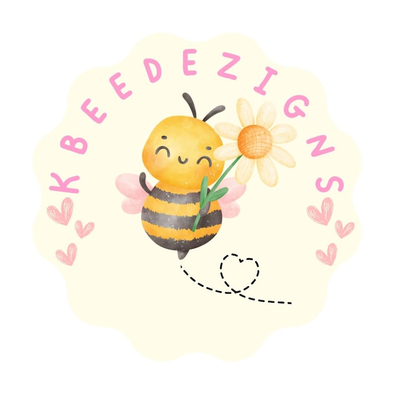 May include: A circular logo featuring a yellow and black striped bee holding a white daisy with a yellow center. The text KBEE DEZIGNS is written in pink capital letters around the bee, accompanied by small pink hearts and a dashed heart trail.