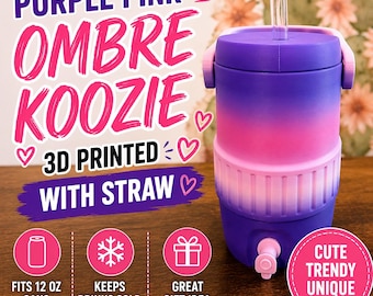 3D Printed Can Koozie, Insulated Can Holder with Straw, Soda Can Cooler, Ombre Purple Pink Drink Sleeve, Cute Aesthetic Gift