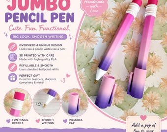 3D Printed Jumbo Pencil Pen | Ombre Gradient, Ballpoint Refillable