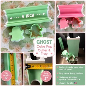 May include: A light green and white cake pop tray and two ghost-shaped cookie cutters. The tray measures 6 inches in length and 2 inches in width. The set includes a pink version of the tray and cutters. Text on the image reads GHOST Cake Pop Cutter & Tray.