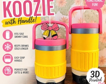 Skinny or 12oz Can Holder with Handle – 3D Printed – Cute Teacher Tumbler Style Koozie