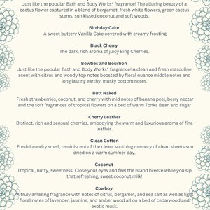 May include: A cream-colored paper with a list of scents, including "A Thousand Wishes," "Baja Cactus Blossom," and "Birthday Cake." Decorative floral elements frame the text.