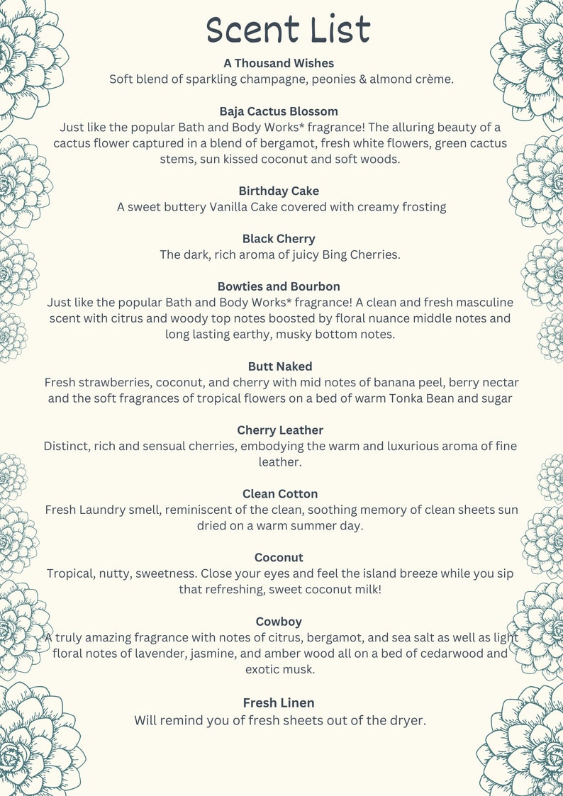 May include: A cream-colored paper with a list of scents, including "A Thousand Wishes," "Baja Cactus Blossom," and "Birthday Cake." Decorative floral elements frame the text.