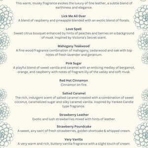 May include: A list of scents, including Georgia Peach, Leather, and Strawberry Poundcake, with detailed descriptions of each fragrance. The text is in a clean, easy-to-read format, with a floral design in the background.