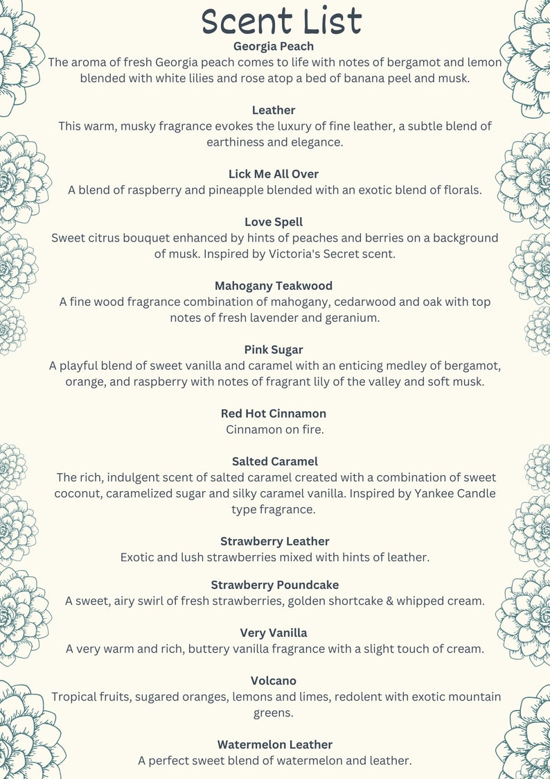 May include: A list of scents, including Georgia Peach, Leather, and Strawberry Poundcake, with detailed descriptions of each fragrance. The text is in a clean, easy-to-read format, with a floral design in the background.