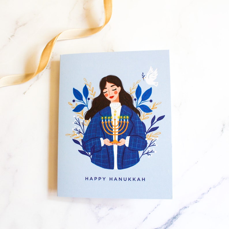 Happy Hanukkah Card Hanukkah Card Menorah Holiday Card Illustration Holidays Chanukah Card Floral Jewish Holidays Dove image 1