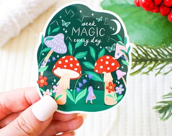 Naklejka winylowa z grzybem | Naklejka na laptopa | Naklejka na butelkę z wodą | Zdrowie psychiczne | Szukaj magii każdego dnia | Fantastyczne | Cottagecore | Magiczne