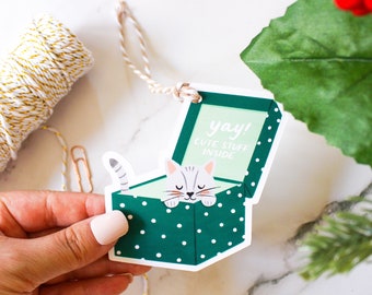 Cat in a Box Gift Tag Set of 8 | Die Cut Christmas Holiday Gift Tags | Cute Stuff | Hand Illustrated and Hand Crafted | Gift Tag with Twine