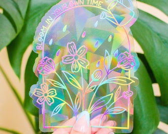 Bloom in Your Own Time Suncatcher | Window Decal | Rainbow Maker | Suncatcher Sticker | Floral Suncatcher | Prism | Flowers | Dopamine Decor