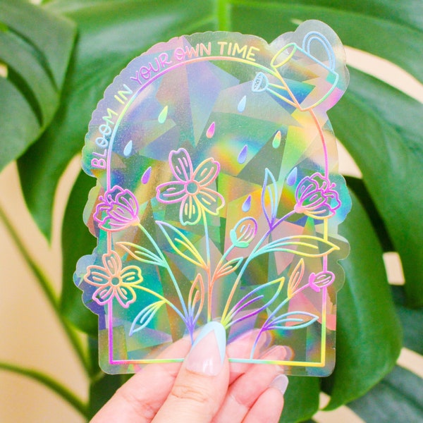 Bloom in Your Own Time Suncatcher | Window Decal | Rainbow Maker | Suncatcher Sticker | Floral Suncatcher | Prism | Flowers | Dopamine Decor