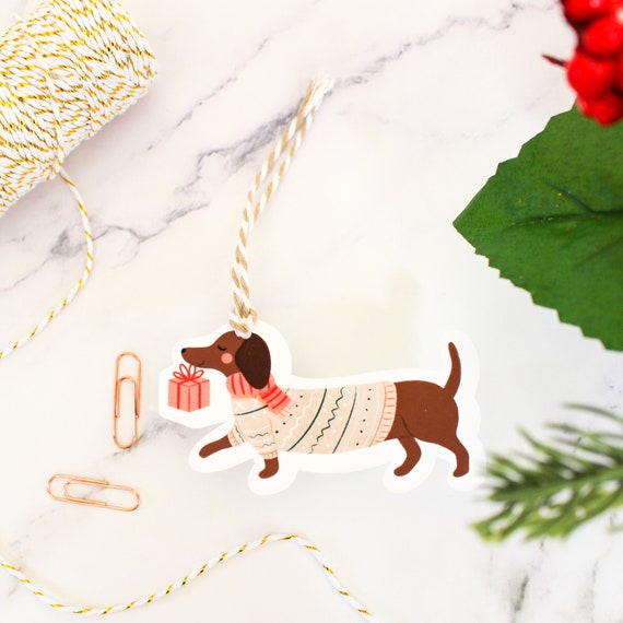 Dachshund Gift Tag Set of 8 | Die Cut Christmas Holiday Gift Tags | Wiener Dog | Hand Illustrated and Hand Crafted | Gift Tag with Twine