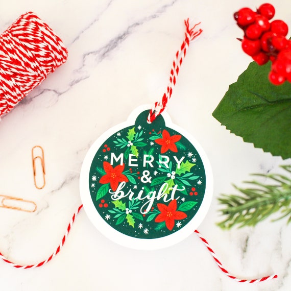 Merry and Bright Ornament Gift Tag Set of 8 | Die Cut Christmas Holiday Gift Tags | Hand Illustrated & Hand Crafted | Gift Tag with Twine