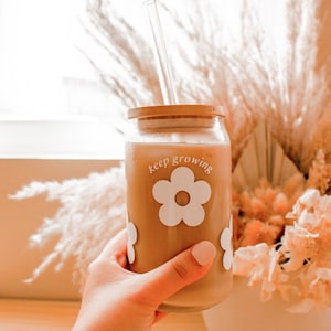 Iced Coffee Glass | Glass Cup with Bamboo Lid + Straw | Retro Flower Can Glass | Beer Can Glass | Aesthetic Glass Beer Can | Keep Growing