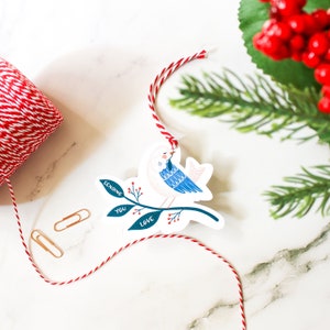 Sending You Love Gift Tag Set of 8 / Die Cut Christmas Holiday Gift Tags / Bird / Hand Illustrated & Hand Crafted / Gift Tag with Twine