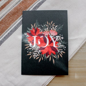 Tarjeta navideña con alegría / Tarjeta navideña / Flores navideñas / Recordatorio positivo / Tarjeta navideña / Flores de Pascua / Tarjeta con ramo floral / Ilustración