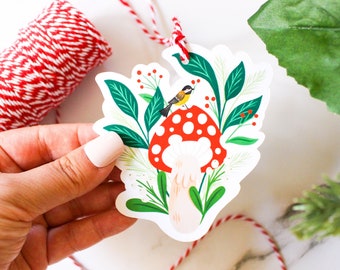 Pilz Geschenkanhänger 8er Set | sterben geschnittene Weihnachten Urlaub Geschenkanhänger | Pilz | Vogel | Hand Illustriert und Hand Gefertigt | Geschenkanhänger mit Zwirn