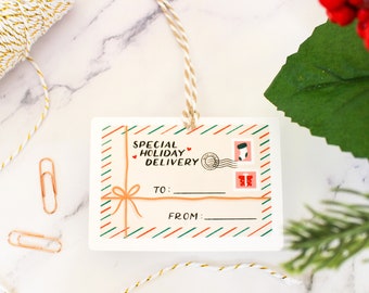 Special Holiday Delivery Gift Tag Set of 8 | Die Cut Christmas Holiday Gift Tags | Hand Illustrated & Hand Crafted | Gift Tag with Twine