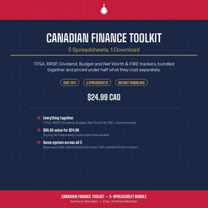 May include: A digital Canadian Finance Toolkit bundle featuring five spreadsheets for TFSA, RRSP, Dividend, Budget, and Net Worth & FIRE trackers. The dark blue graphic includes white text, red accents, and a small white tree icon at the top center.