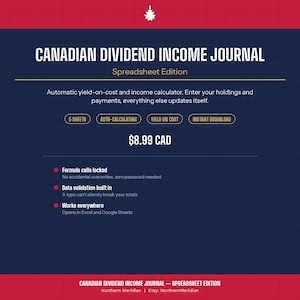 Può includere: Un diario digitale dei redditi da dividendi canadesi in formato foglio di calcolo con sfondo a griglia blu scuro e bordi rossi. Il testo descrive calcoli automatici del rendimento, cinque fogli, celle con formule bloccate e compatibilità con Excel e Google Sheets.