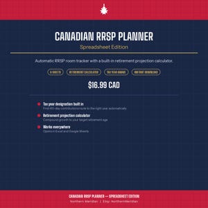Può includere: Un pianificatore digitale canadese RRSP, edizione foglio di calcolo, con sfondo a griglia blu scuro e bordi rossi. Include un calcolatore per la pensione, riconoscimento dell'anno fiscale e sei fogli. Compatibile con Excel e Google Sheets.