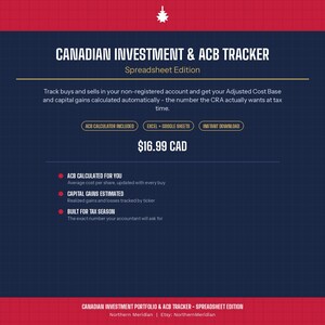 May include: A digital spreadsheet product titled Canadian Investment & ACB Tracker, featuring a dark blue grid background with red headers. It includes text detailing features like ACB calculation, capital gains tracking, and tax season preparation tools.
