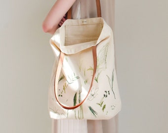 Foliage Canvas Tote Bag | Leather Handle | Thick Fabric | Floral and Plants Illustration | Birthday Gift | Everyday Bag|Mother's Day Gift