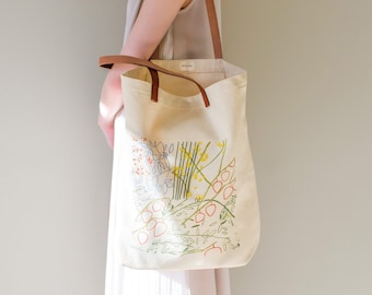 Physalis Canvas Tote Bag | Leather Handle | Thick Fabric | Floral and Plants Illustration| Birthday Gift| Everyday Bag| Mother's Day Gift