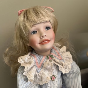 Porcelain Doll with Baby Carriage Teddy Bear ~ Victorian Inspired Doll & Carriage ~ Christmas Gift ~ Retired Collectible Porcelain Doll