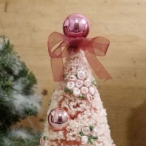 Pink Tree Collectible ~ Pink Bottle Brush Tree with Vintage Floral embellishments ~ I Love You Gift - Mother's Day Gift~ Gift for Her