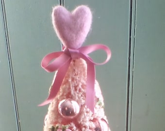 Pink I Love You Tree ~ Pink Bottle Brush Tree with heart & Floral Embellishments ~ Gift for Her ~ Mother's Day Gift
