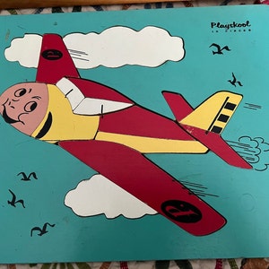 1950s STORYBOOK PLANE Wooden Frame Tray Puzzle ~ Made by Playskool ~ Wood Preschool Puzzle ~ Vintage Colorful Wood Puzzle ~ Hard to Find