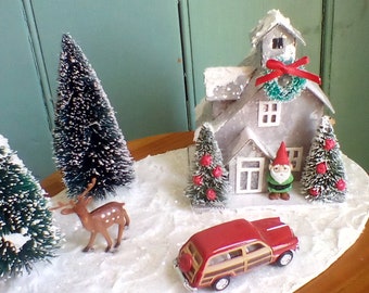 Maine Christmas Cottage Glitter House – Handmade Putz Style Holiday Collectible
