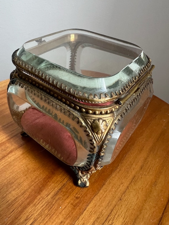 Antique French Glass Trinket Box ~ Bevelled Glass… - image 2