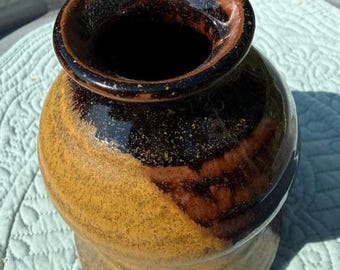 Vintage Hand Thrown Stoneware Vase ~ Handmade Stoneware Vase ~ Two Tone Brown & Gold Glaze Ceramic Vase ~ Textured Pottery ~ Made in Maine