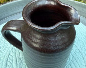 Vintage Hand Thrown Stoneware Pitcher ~ Handmade Brown Glaze Ceramic Pitcher ~ Made in Maine