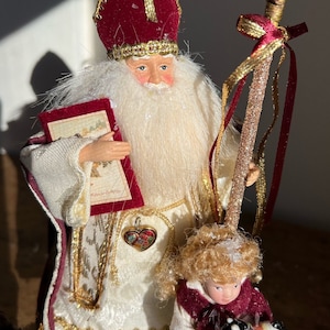 Vintage Saint Nicholas Red Coat 8.5 Inches Snowny Wood Base ~ Christmas Gift ~ Olde World Father Christmas ~ OOAK Saint Nicholas Collectible