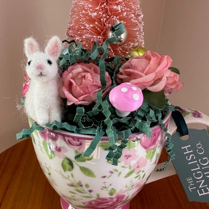 Vintage Floral Teacup Decor: Felt Bunny, Pink Tree Collectible