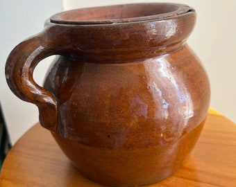 Vintage Primitive 1QT Stoneware Crock Bean Pot With Lid Found in New England ~ Traditional Farmhouse Pottery Baked Bean Pot with Flat Lid