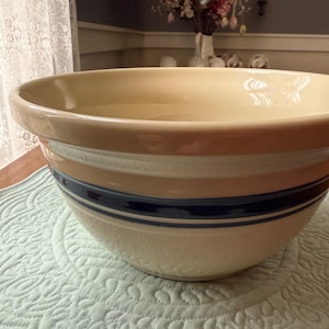 Vintage Friendship Pottery Blaue Streifen Rührschüssel ~ 4 Quart Roseville Keramik Schüssel ~ Made in USA ~ Hohes Sammlerstück, wie neuer Zustand