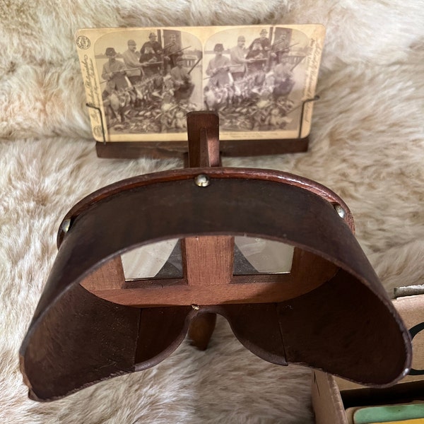 Late 1800's Antique Stereoscope and 30 Victorian Photographic Slides ~ Antique Stereoscope Viewer American Lens Wood ~ Excellent Condition